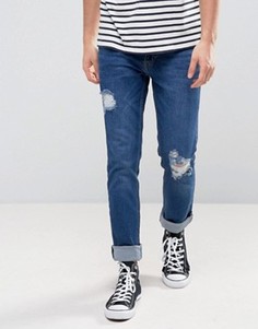 Выбеленные эластичные джинсы скинни цвета индиго с рваной отделкой Zeffer - Синий