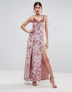 Платье макси из мятого бархата с завязками ASOS - Розовый
