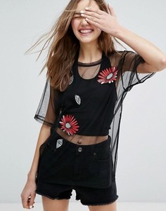Свободный сетчатый топ с вышивкой Monki - Черный