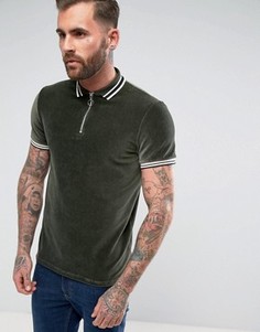 Футболка-поло с горловиной на молнии и окантовкой ASOS - Зеленый