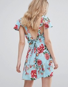 Чайное платье с завязкой на спине, рукавами клеш и цветочным принтом Influence - Синий