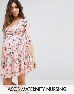 Светло-бежевое платье с запахом и цветочным принтом ASOS Maternity NURSING - Розовый