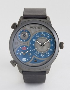 Мужские часы с черным кожаным ремешком и серо-синим многофункциональным циферблатом Police Elapid - Черный