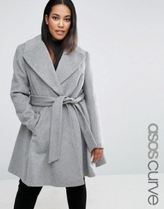 Короткое приталенное пальто с оversize-воротником и поясом ASOS CURVE - Серый