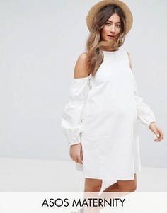 Белое джинсовое платье с открытыми плечами и пышными рукавами ASOS MATERNITY - Белый