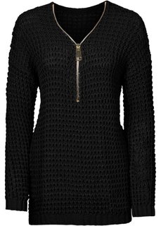 Вязаный пуловер с вырезом на молнии (черный) Bonprix