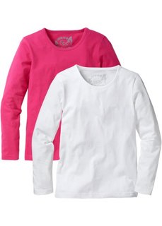 Однотонная футболка с длинными рукавами (2 шт.) (горячий ярко-розовый/белый) Bonprix