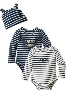 Для малыша: два боди с длинными рукавами + шапочка (3 изделия) (натуральный/темно-синий) Bonprix
