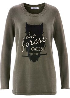 Пуловер с длинным рукавом и рисунком спереди (темно-оливковый) Bonprix