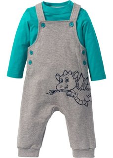 Для малышей: футболка с длинным рукавом + трикотажный комбинезон из биохлопка (2 изд.) (изумрудный/светло-серый меланж) Bonprix