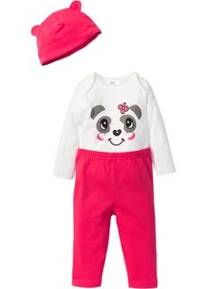 Для малышей: боди с длинным рукавом + трикотажные брюки  + шапочка из биохлопка (3 изд.) (цвет белой шерсти/ярко-розовый) Bonprix