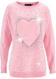 Удлиненный пуловер с сердцем из стразов (розовая пудра) Bonprix
