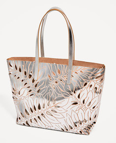 Серебристая кожаная сумка-шопер с перфорацией Zara