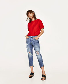 Джинсы с высокой посадкой и разрывами Zara