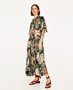 Длинное платье с рубашечным воротником и цветочным принтом Zara