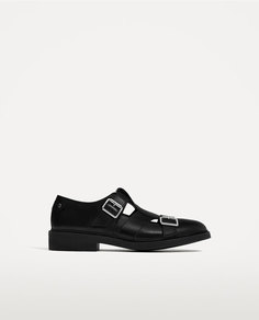 Открытые кожаные туфли черного цвета с пряжками Zara