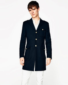 Темно-синее пальто в стиле милитари Zara