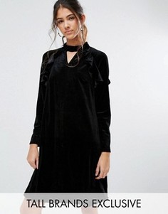 Бархатное цельнокройное платье с длинными рукавами и рюшами True Decadence Tall - Черный