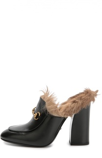 Кожаные мюли Princetown с меховой отделкой Gucci