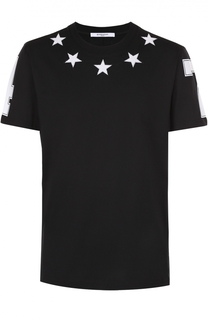 Хлопковая футболка с контрастными нашивками в виде звезд и принтом на рукавах Givenchy