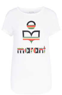 Льняная удлиненная футболка с контрастным принтом Isabel Marant Etoile