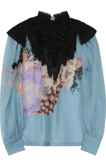 Шелковая полупрозрачная блуза с принтом и декоративной отделкой бисером Dries Van Noten