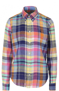 Льняная блуза в клетку с вышитым логотипом бренда Polo Ralph Lauren