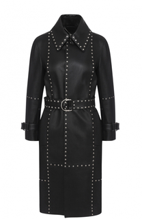 Кожаное пальто с поясом и металлическими заклепками Balenciaga