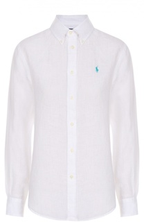 Льняная блуза прямого кроя с вышитым логотипом бренда Polo Ralph Lauren