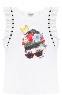 Хлопковая футболка с принтом и декорированными рукавами Monnalisa
