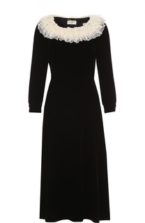 Приталенное платье-миди с контрастной кружевной отделкой Saint Laurent