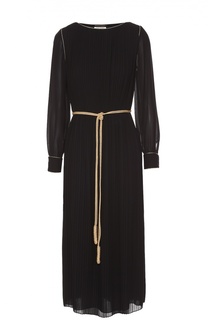 Плиссированное платье прямого кроя с контрастным поясом Saint Laurent