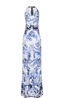 Приталенное платье в пол с ярким принтом и открытой спиной Roberto Cavalli