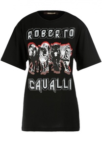 Хлопковая удлиненная футболка с контрастным принтом Roberto Cavalli