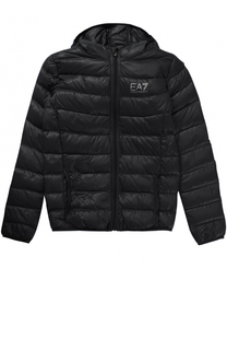 Стеганая пуховая куртка с капюшоном и логотипом бренда Ea 7