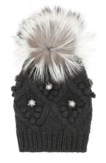 Кашемировая шапка с меховым помпоном и стразами Dolce &amp; Gabbana