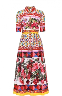 Приталенное платье-рубашка с ярким принтом и укороченным рукавом Dolce &amp; Gabbana