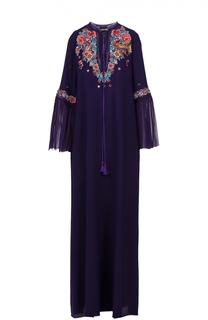 Шелковое платье-макси с широкими рукавами и контрастной вышивкой Roberto Cavalli