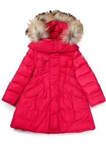 Стеганый пуховик с меховой отделкой капюшона Moncler Enfant