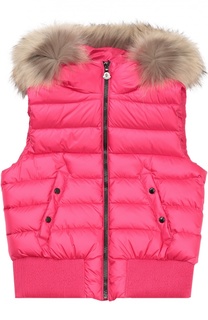 Пуховый жилет с меховой отделкой капюшона Moncler Enfant