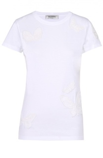 Хлопковая футболка с вышивкой в виде бабочек Valentino
