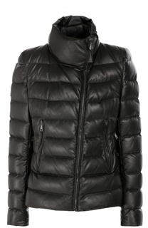Кожаный пуховик с косой молнией и высоким воротником Moncler