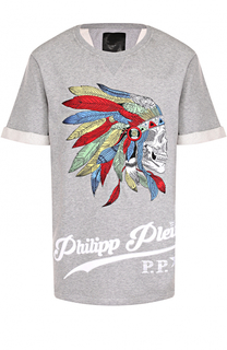 Хлопковая футболка свободного кроя с контрастной вышивкой Philipp Plein