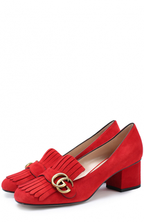 Замшевые туфли Marmont с бахромой и пряжкой Gucci