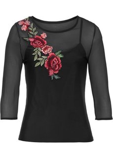 Футболка с вышитой аппликацией (черный) Bonprix