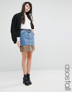 Джинсовая мини-юбка с жаккардовым подолом ASOS TALL - Синий