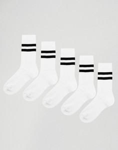 5 пар белых носков в спортивном стиле с полосками ASOS - Белый