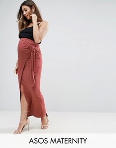 Юбка макси с посадкой над животиком и декоративным узелком ASOS Maternity - Розовый