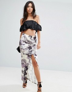 Бархатная юбка макси с принтом и высоким разрезом ASOS - Мульти