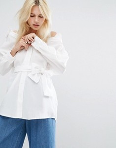 Oversize-блузка с открытыми плечами и завязкой на талии J.O.A - Белый